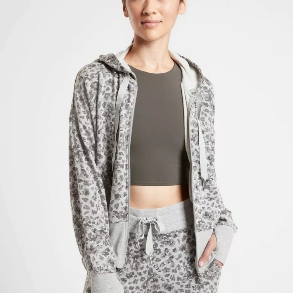 Athleta Jacket Women XS Gray Hoodie Balance Printed Leopard Animal Zip